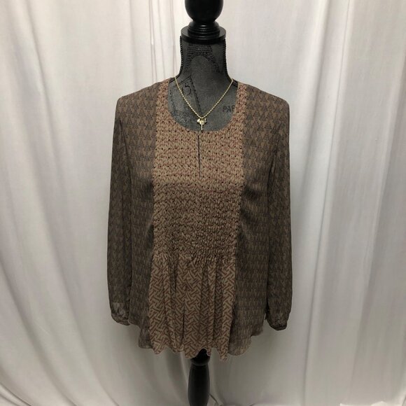 Coldwater Creek Blouse Womens Size Petite Medium 10 - 12 Brown Smocked Front - Picture 1 of 8